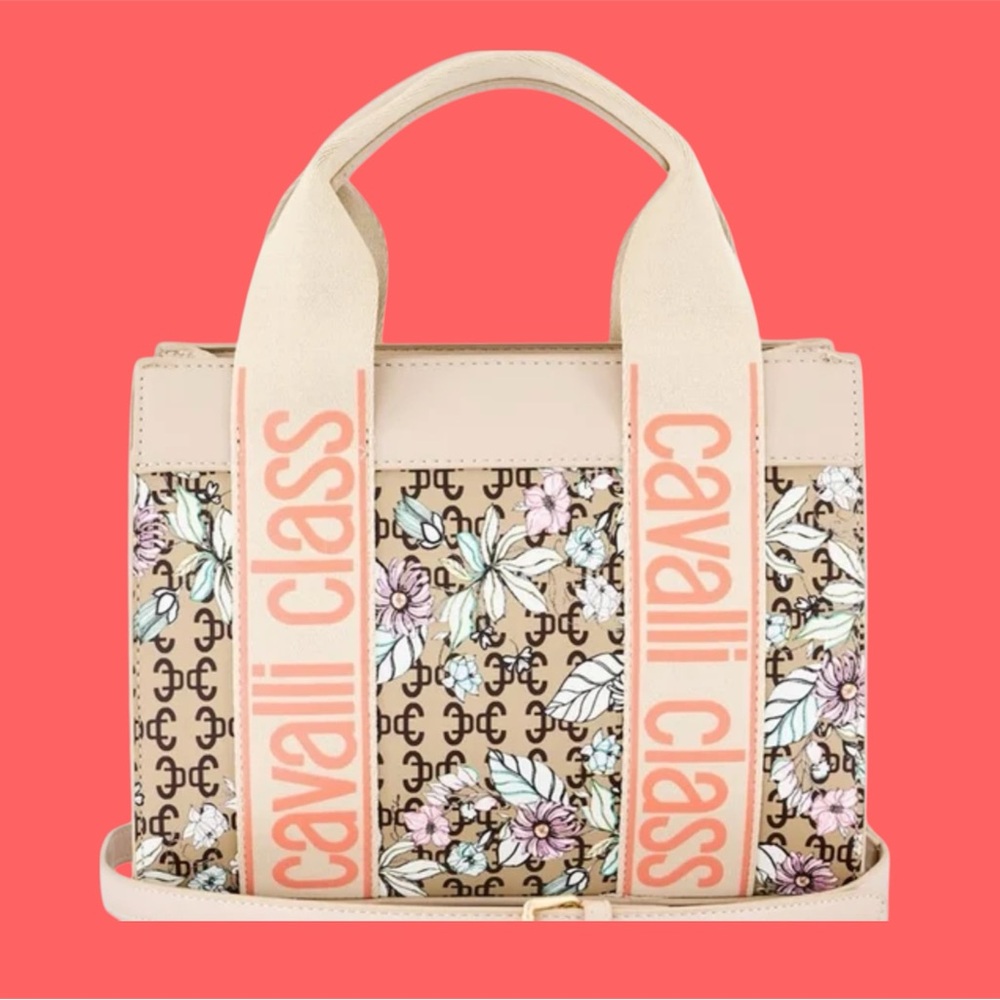 Cavalli Class Beige and Pink Floral Handbag with detachable shoulder strap. NEW!